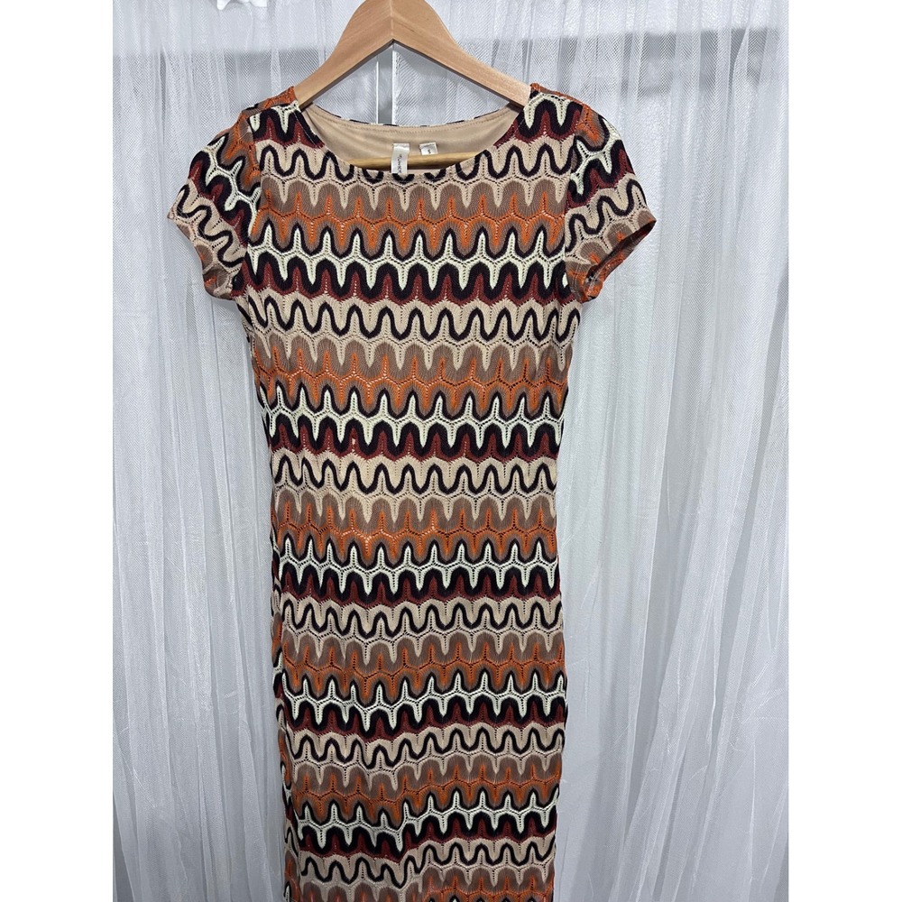 Tacera Zigzag Pattern Knit Midi Dress‎ Orange Brown Beige Black White Size S